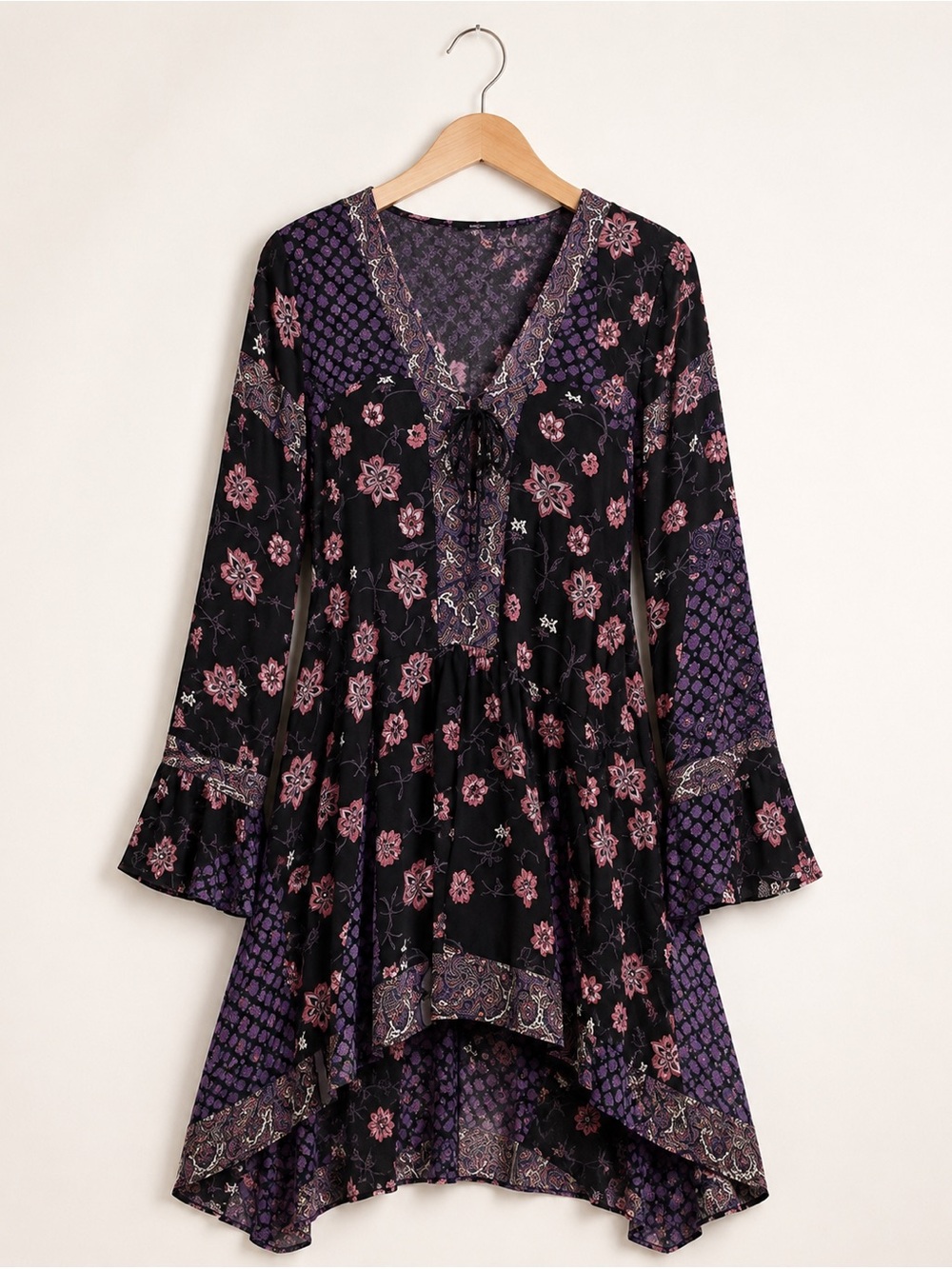 Anna Sui x O’Neill Black Boho Dark Romantic Whimsigoth Lace Up Dress High Low S